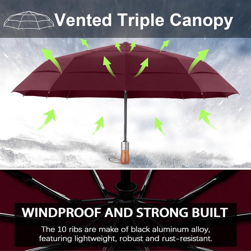 MasterUmbrella 3-Layer Vented Canopy Windproof Commuter Umbrella for Rain, Auto Open/Close, 10 Fiberglass Ribs, Wooden Handle, 13" Folded, 47" Large Coverage for 1–2 People, Lifetime Replacement - Image 2